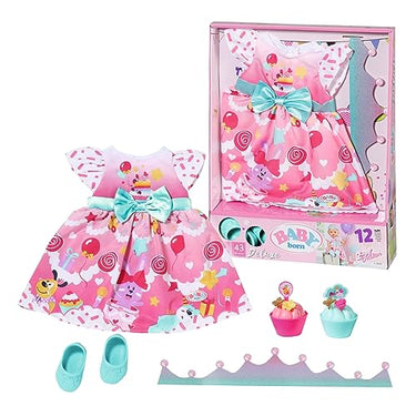 BABY born Zapf Creation 834152 Deluxe Geburtstag 43cm - Puppenzubehör Puppenkleidung Set bestehend aus Kleid, Schuhen, Papierkrone und Törtchen, rosa türkis. im Sale